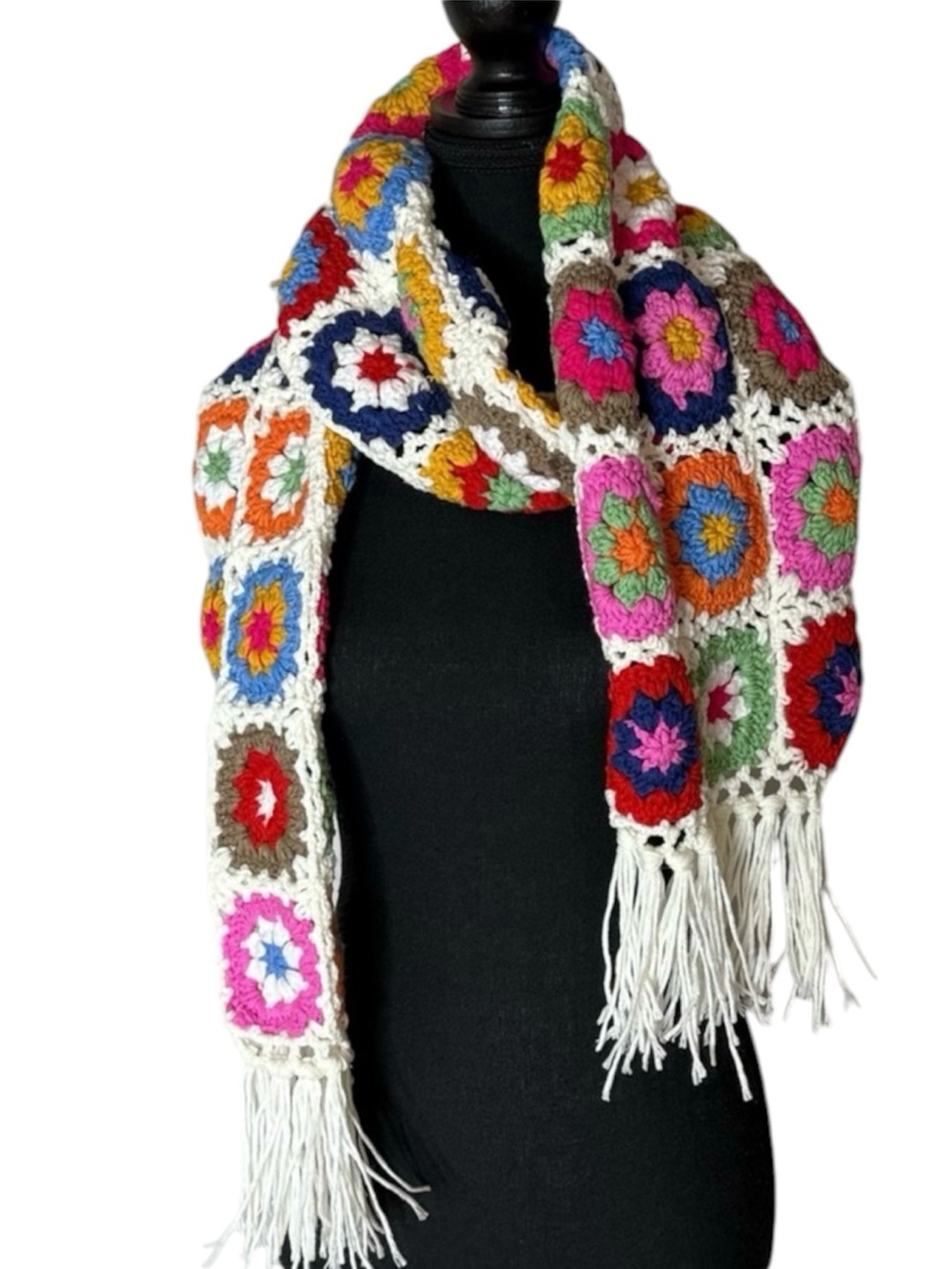 Multicolour Crochet Granny Square Knit Scarf Fringe Grannycore Flower Child Boho